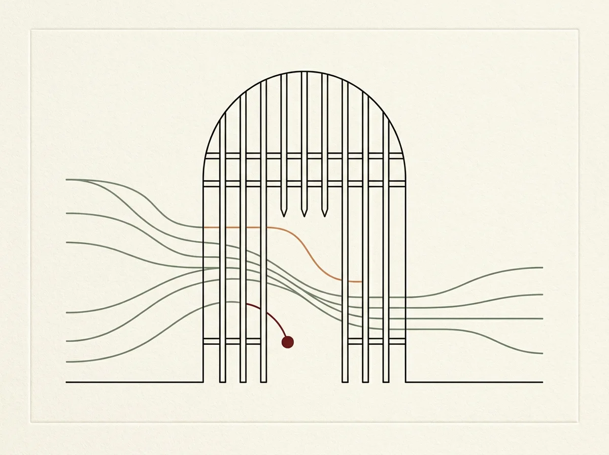 The gate — streams of traffic approach a portcullis; most pass through, one is held for review, one is stopped